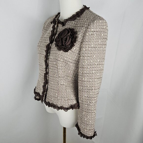 Anne Klein Tweed Blazer Jacket Size 8 Petite Brown Lace Trim Professional Office - Picture 5 of 13